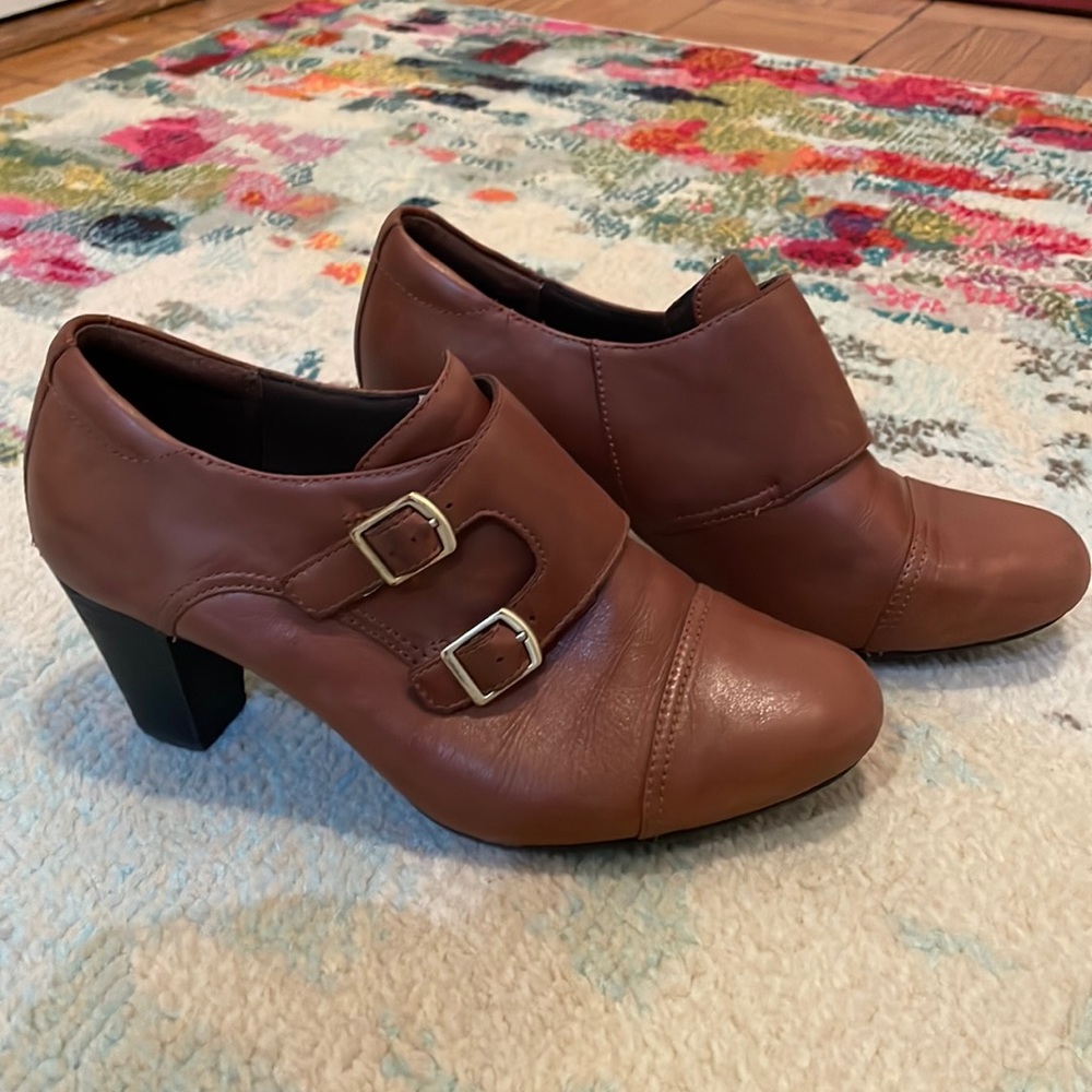 Clark’s Brown Heeled Booties with Gold Buckles
